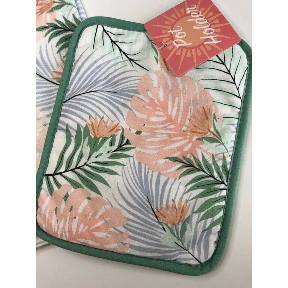 Pink Palm Kitchen Dish Towels Oven Mitt Potholder Beach Summer House Set of 4